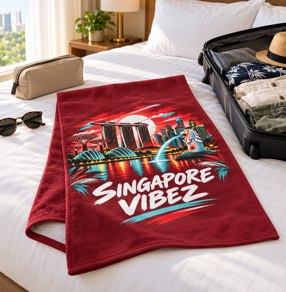 Singapore Vibez beach towel | Marina Bay skyline, Merlion illustration