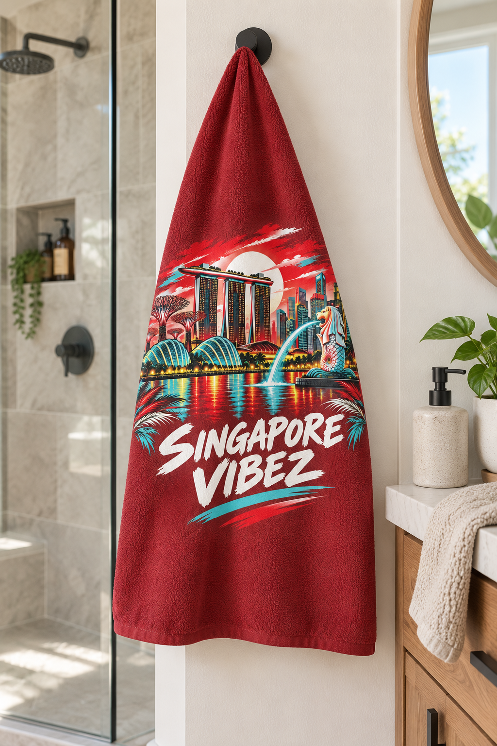 Singapore Vibez beach towel | Marina Bay skyline, Merlion illustration