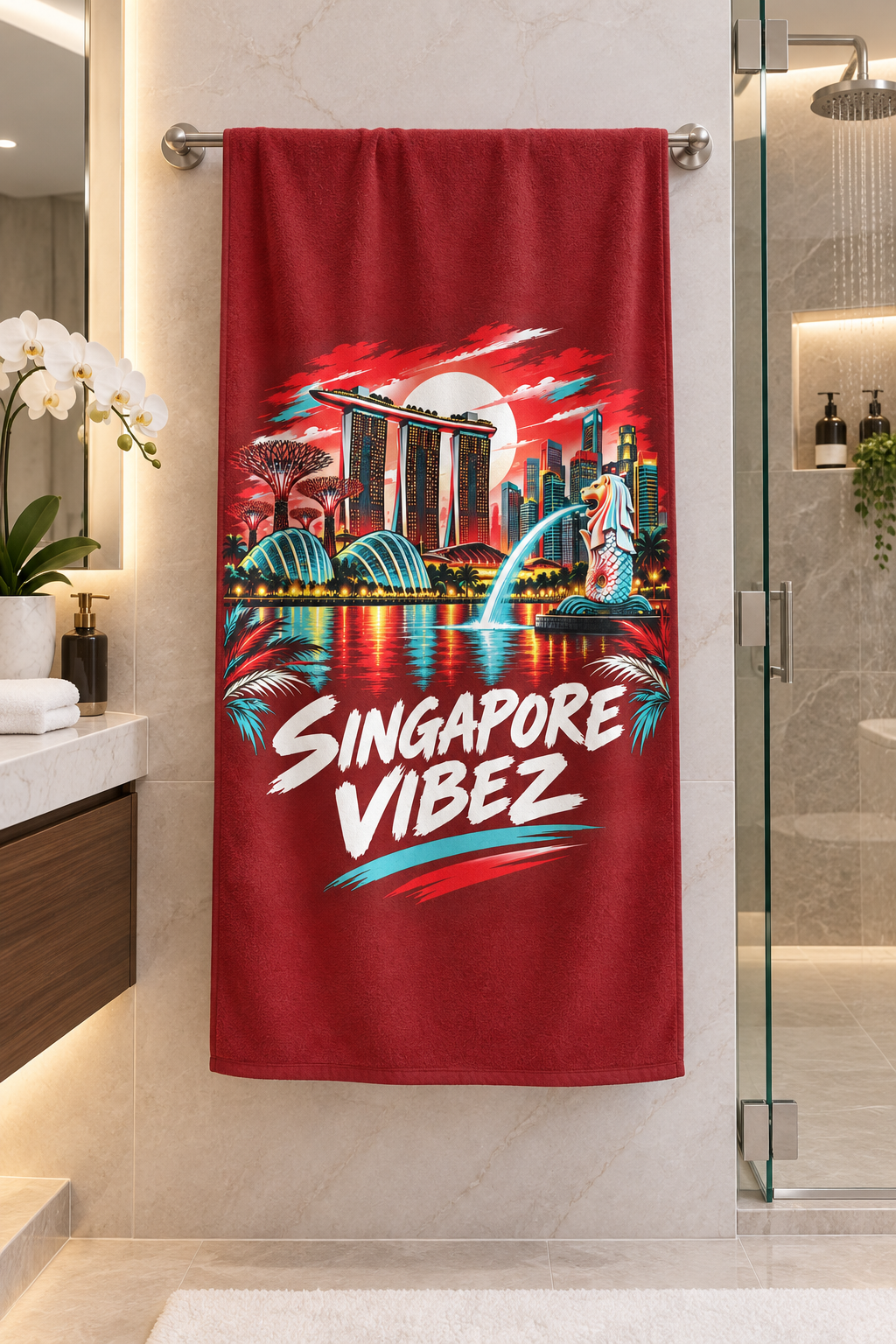 Singapore Vibez beach towel | Marina Bay skyline, Merlion illustration