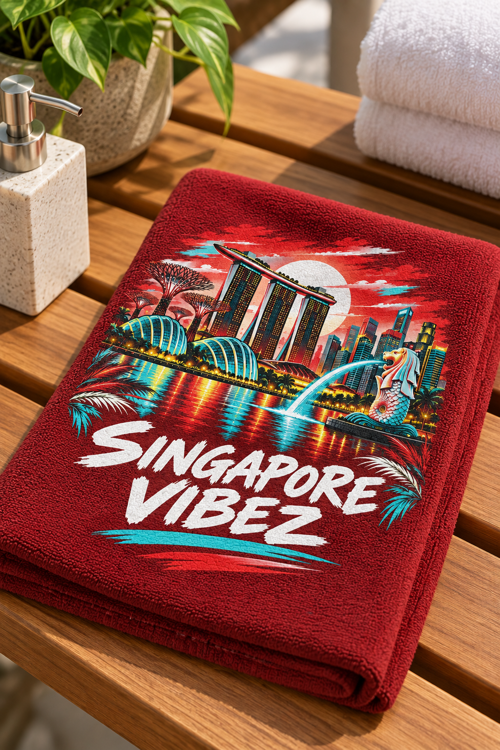 Singapore Vibez beach towel | Marina Bay skyline, Merlion illustration