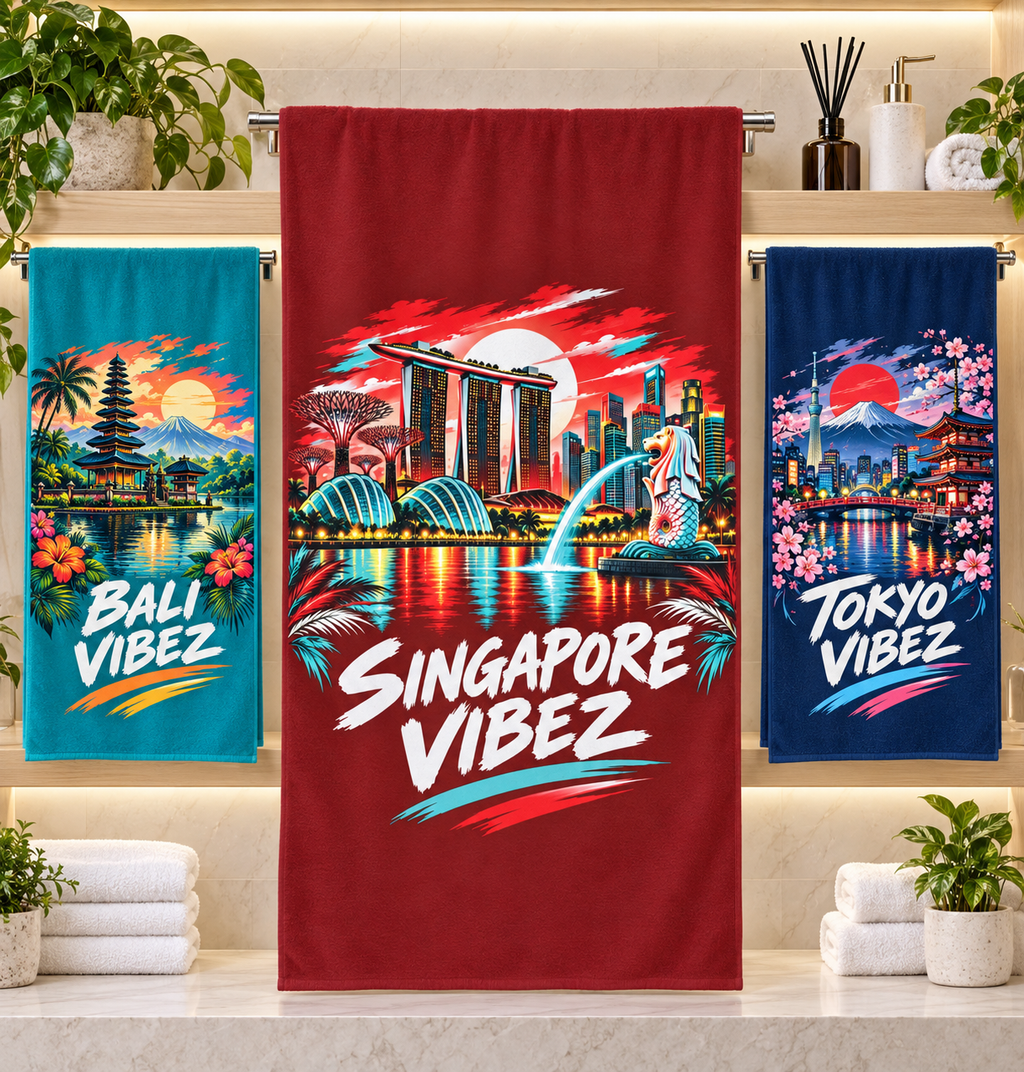 Singapore Vibez beach towel | Marina Bay skyline, Merlion illustration