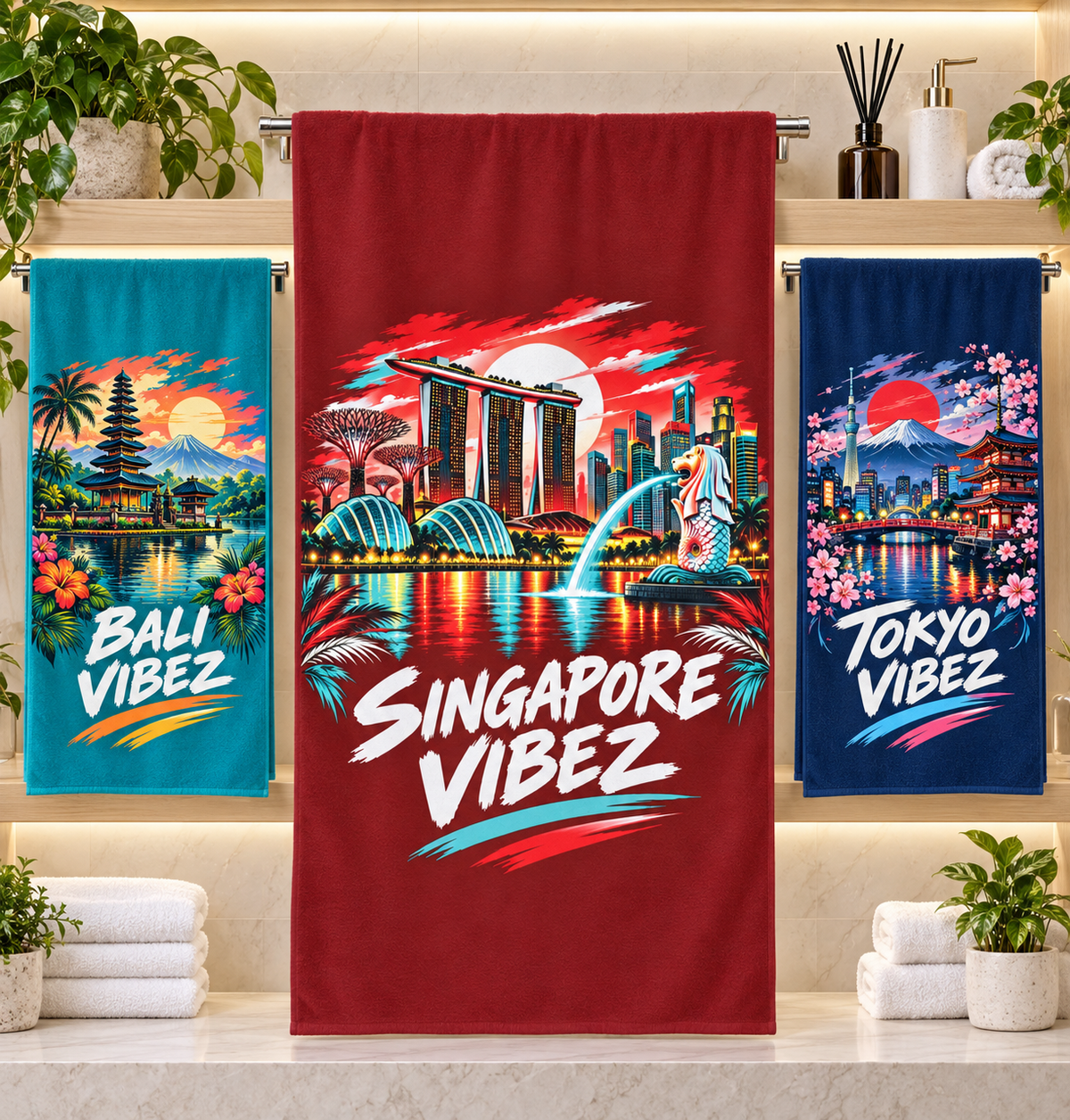Singapore Vibez beach towel | Marina Bay skyline, Merlion illustration