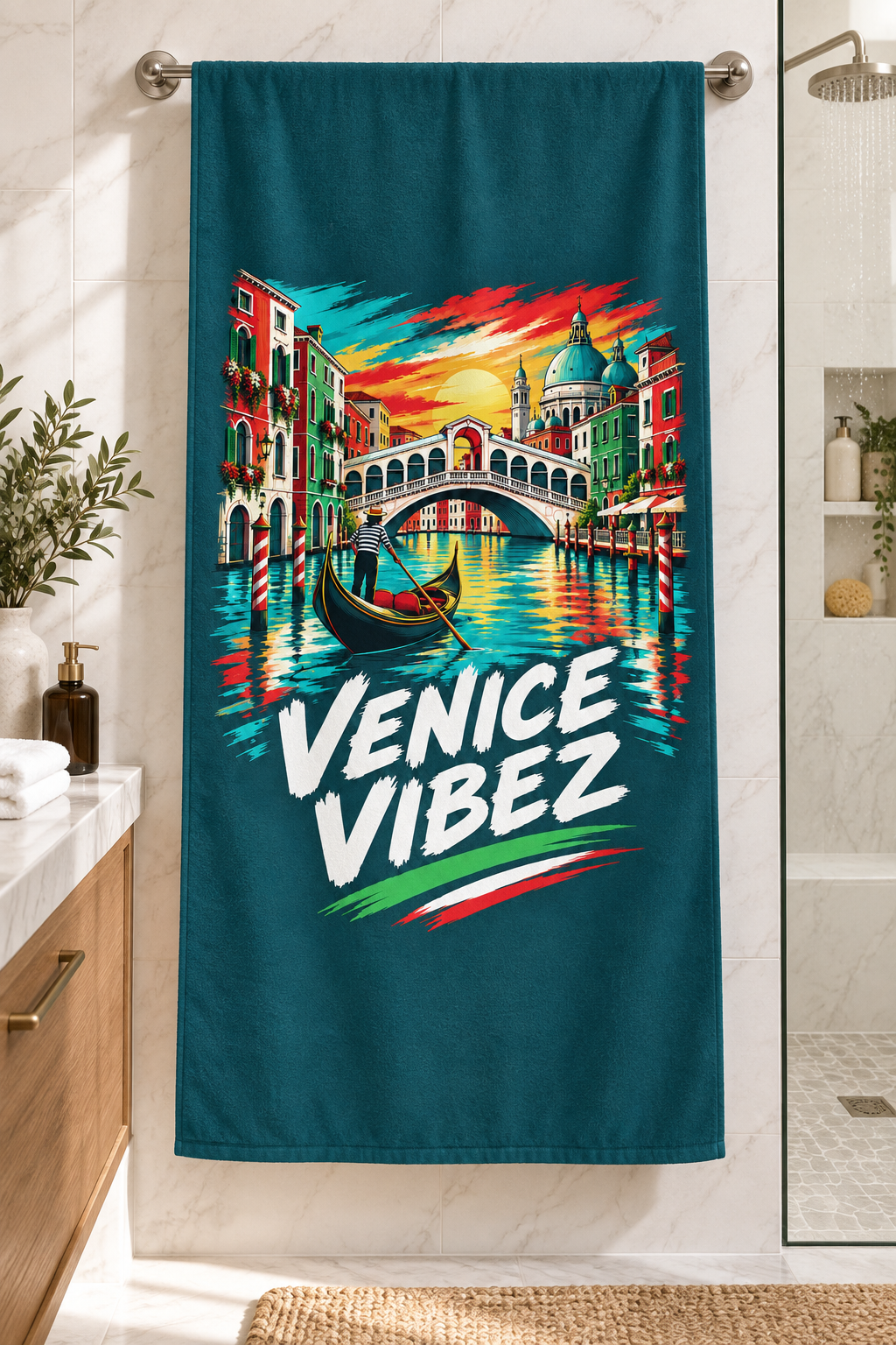 Venice Vibez Venice Scene Beach Towel | Gondola Rialto Bridge