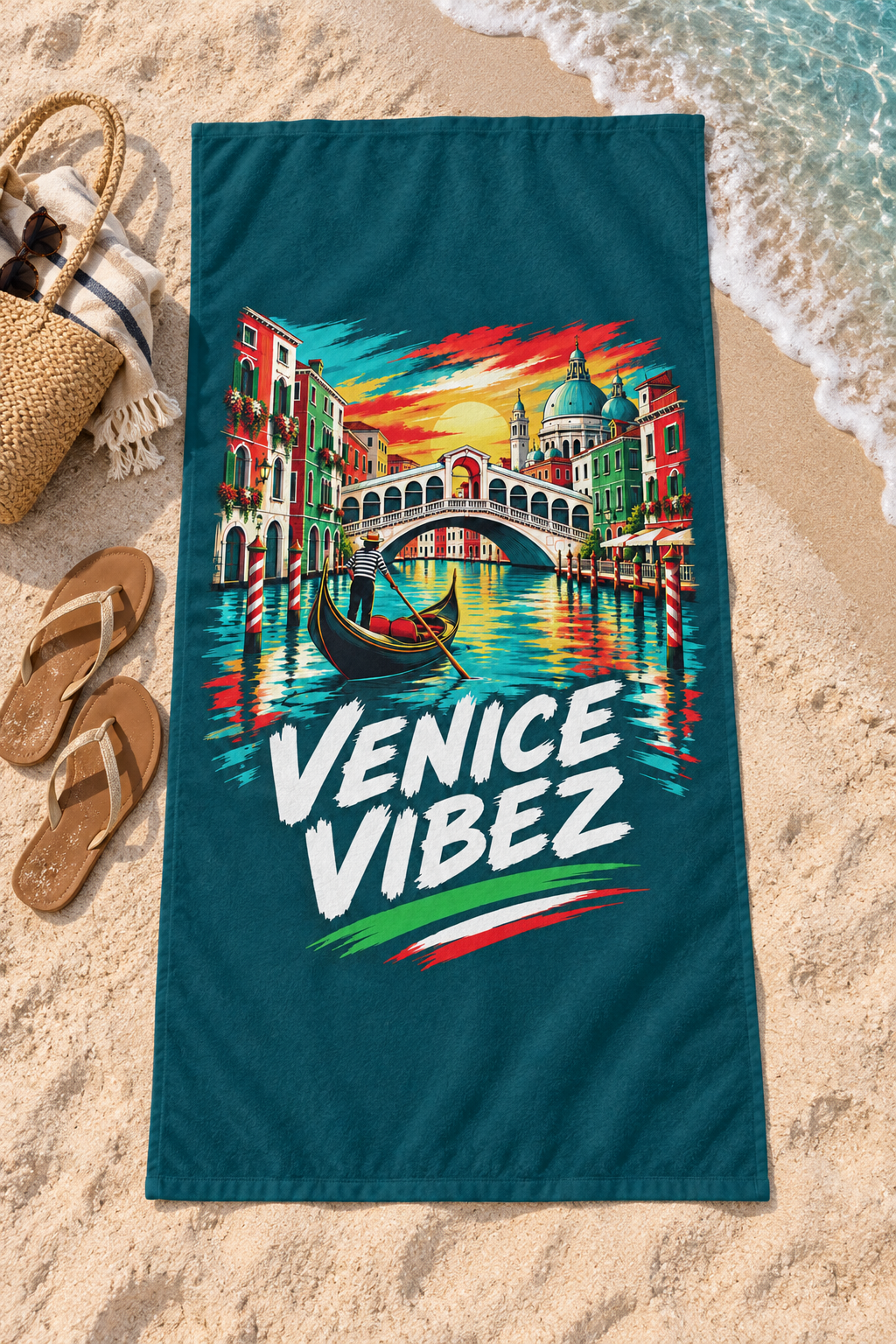 Venice Vibez Venice Scene Beach Towel | Gondola Rialto Bridge
