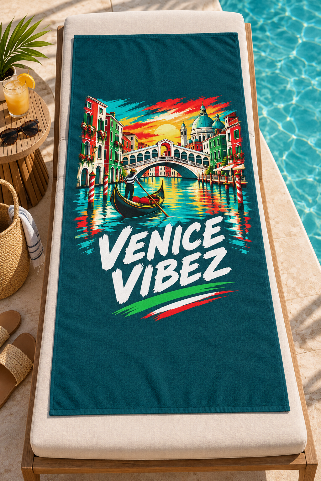 Venice Vibez Venice Scene Beach Towel | Gondola Rialto Bridge