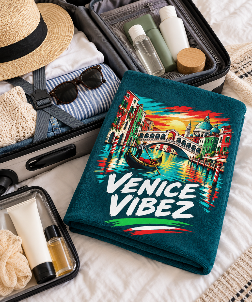 Venice Vibez Venice Scene Beach Towel | Gondola Rialto Bridge