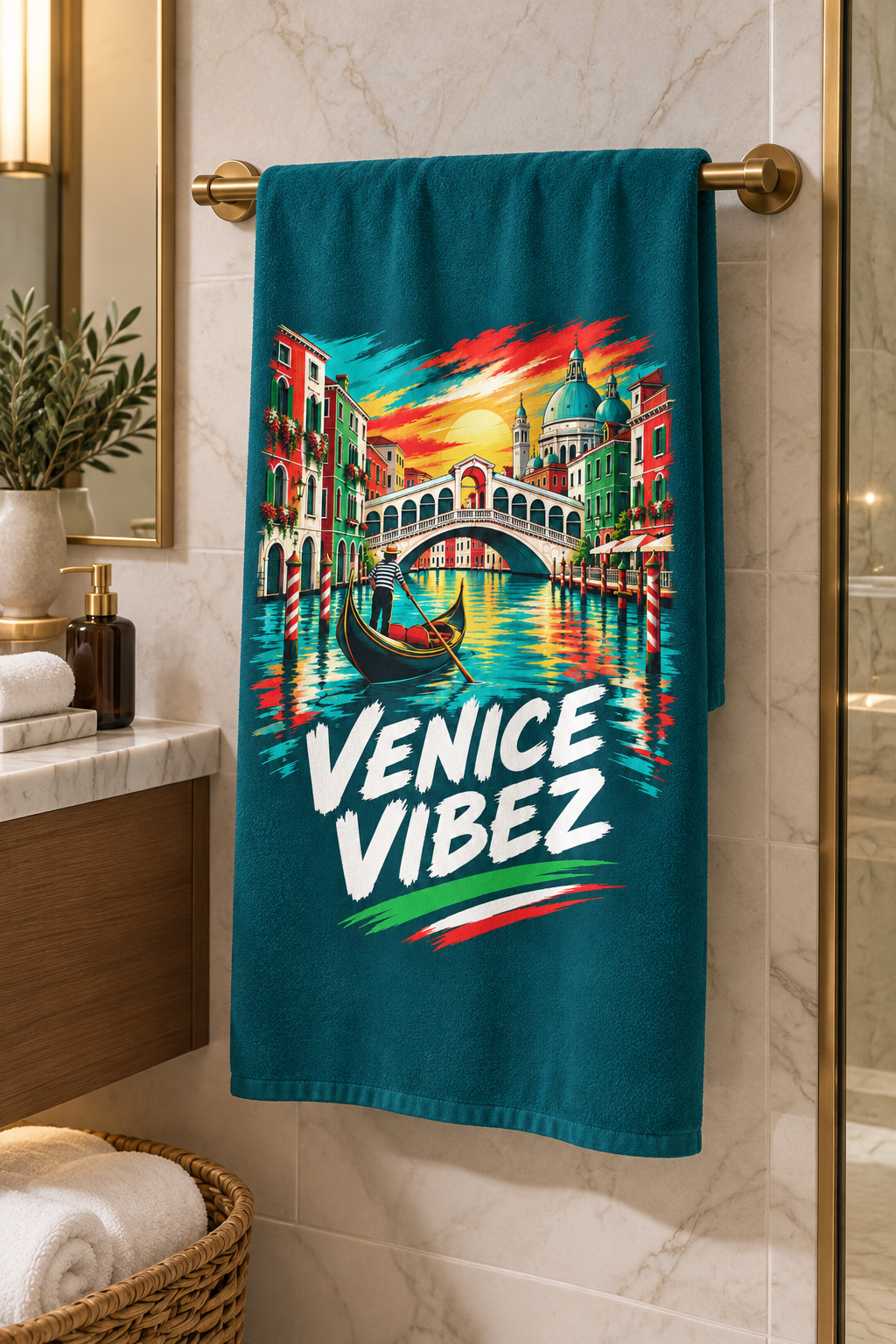 Venice Vibez Venice Scene Beach Towel | Gondola Rialto Bridge
