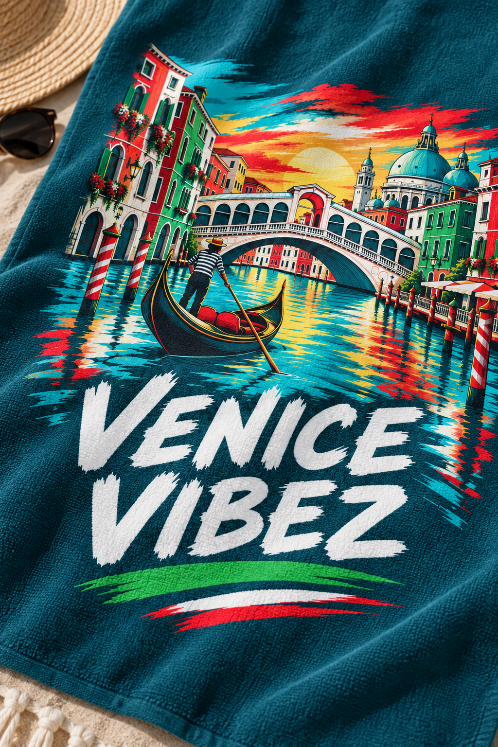 Venice Vibez Venice Scene Beach Towel | Gondola Rialto Bridge