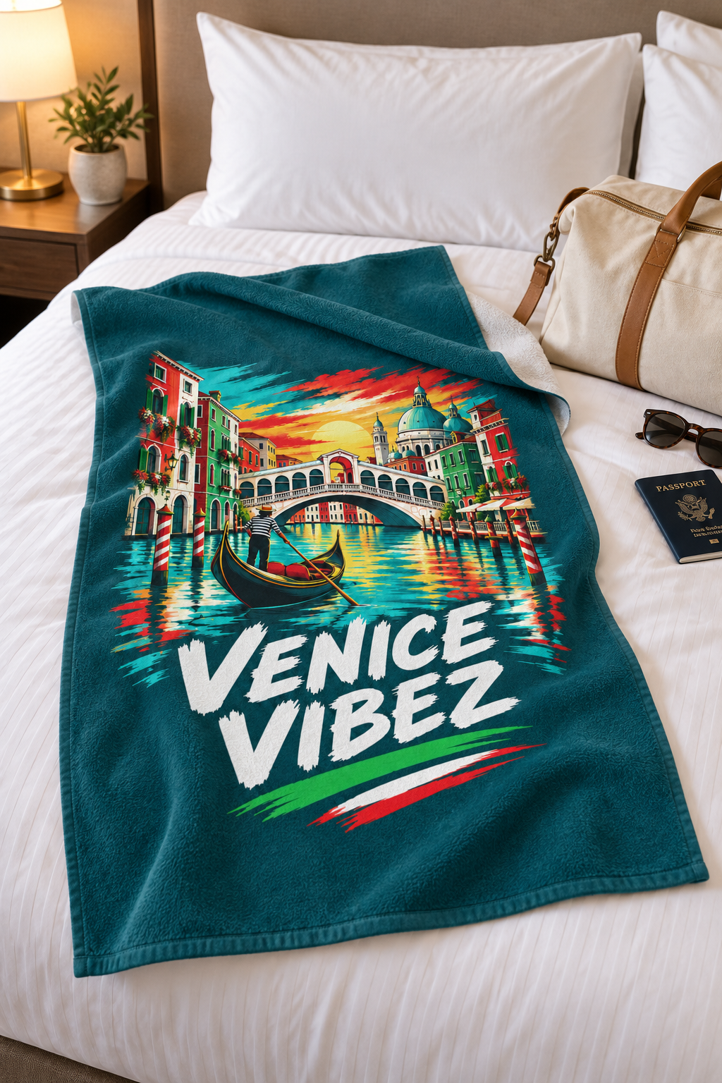 Venice Vibez Venice Scene Beach Towel | Gondola Rialto Bridge