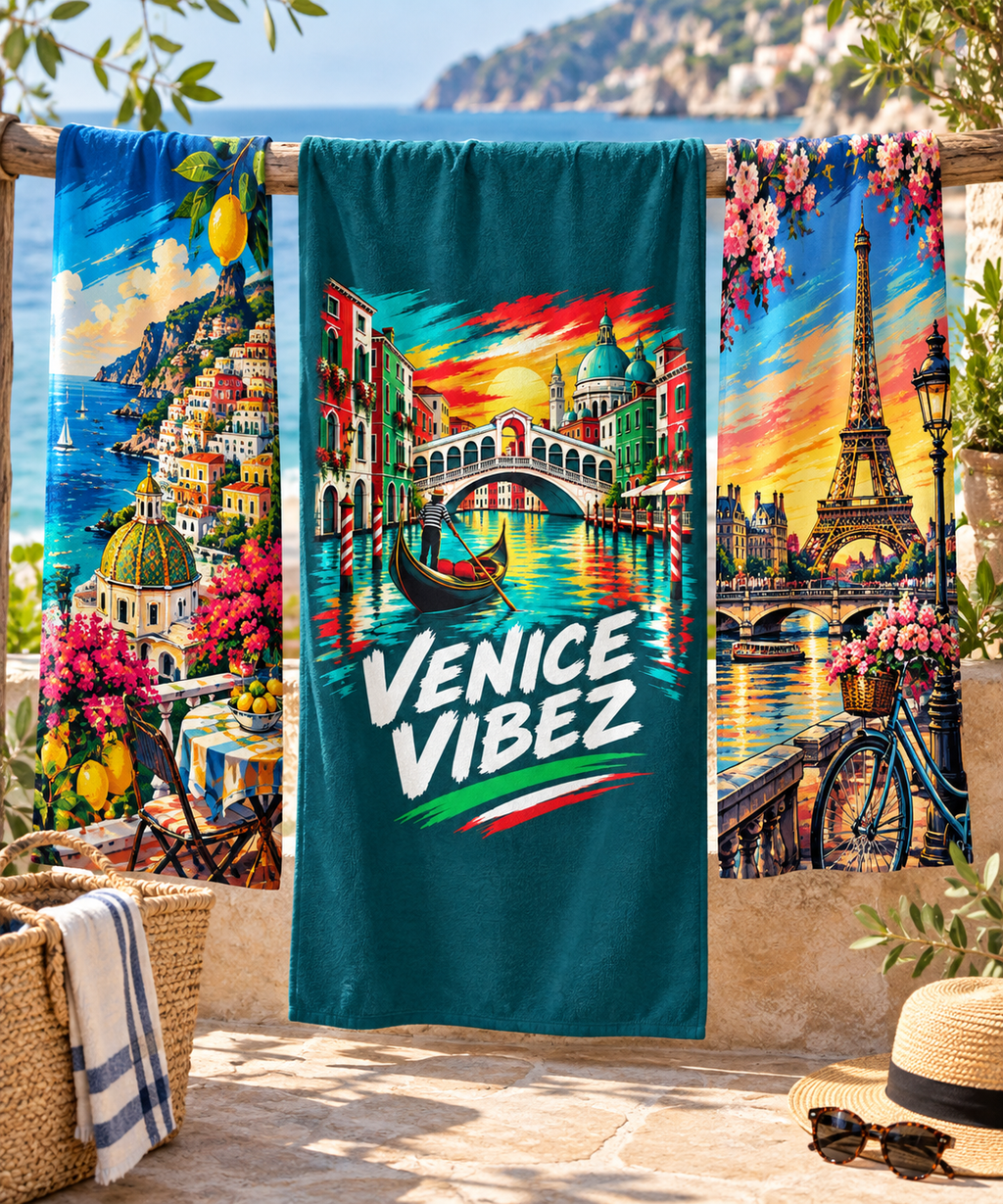 Venice Vibez Venice Scene Beach Towel | Gondola Rialto Bridge