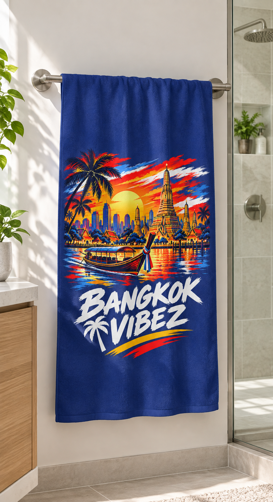 Bangkok Vibez Beach Towel | Thai Skyline Sunset, Longtail Boat, Palm Trees