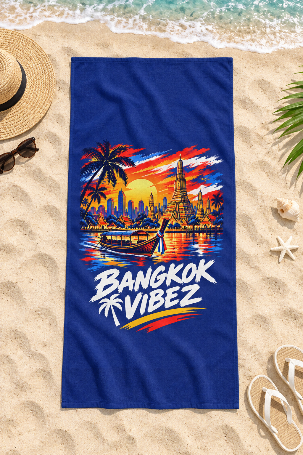 Bangkok Vibez Beach Towel | Thai Skyline Sunset, Longtail Boat, Palm Trees