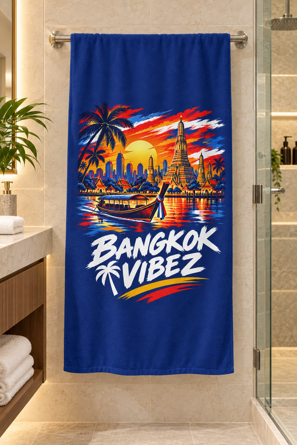 Bangkok Vibez Beach Towel | Thai Skyline Sunset, Longtail Boat, Palm Trees