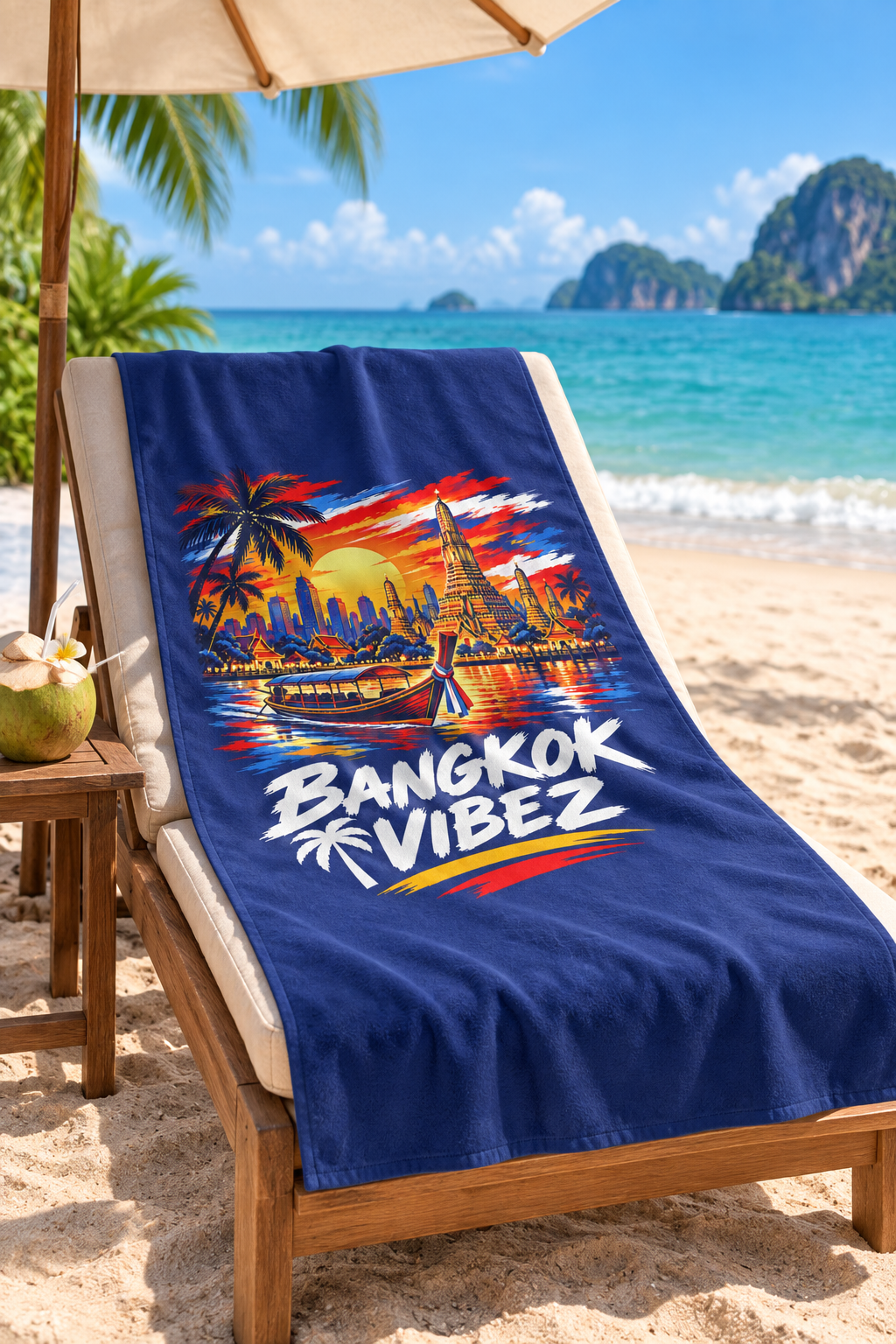 Bangkok Vibez Beach Towel | Thai Skyline Sunset, Longtail Boat, Palm Trees