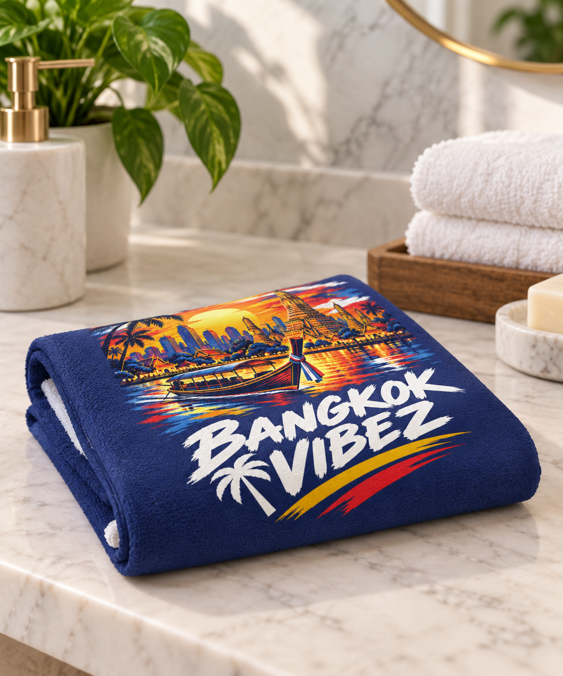 Bangkok Vibez Beach Towel | Thai Skyline Sunset, Longtail Boat, Palm Trees
