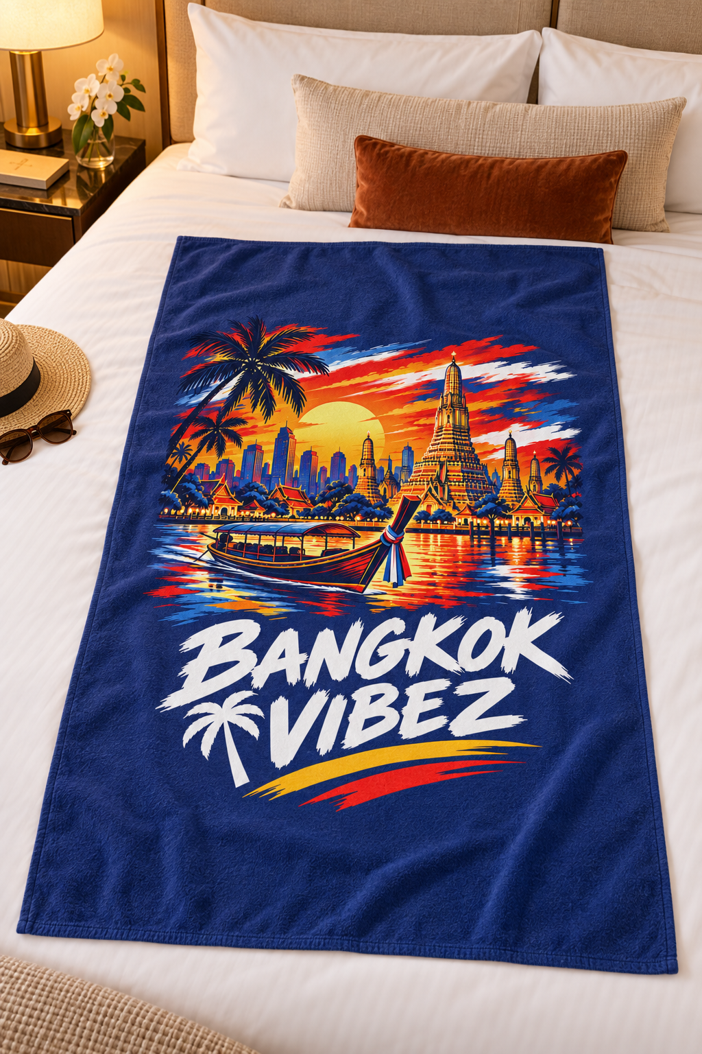 Bangkok Vibez Beach Towel | Thai Skyline Sunset, Longtail Boat, Palm Trees