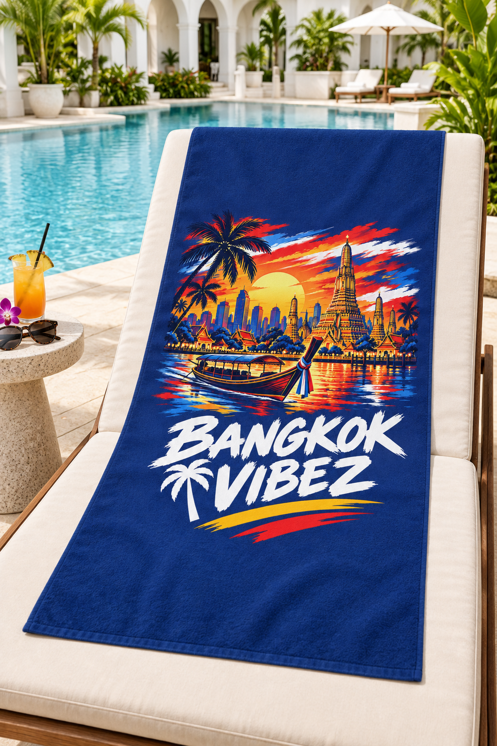 Bangkok Vibez Beach Towel | Thai Skyline Sunset, Longtail Boat, Palm Trees