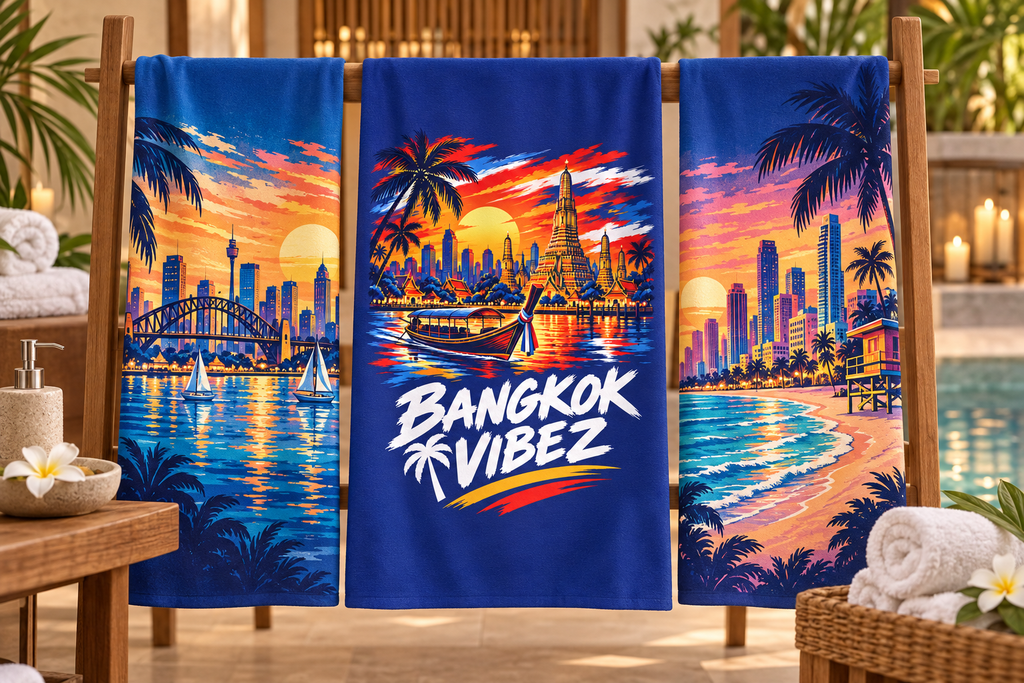 Bangkok Vibez Beach Towel | Thai Skyline Sunset, Longtail Boat, Palm Trees