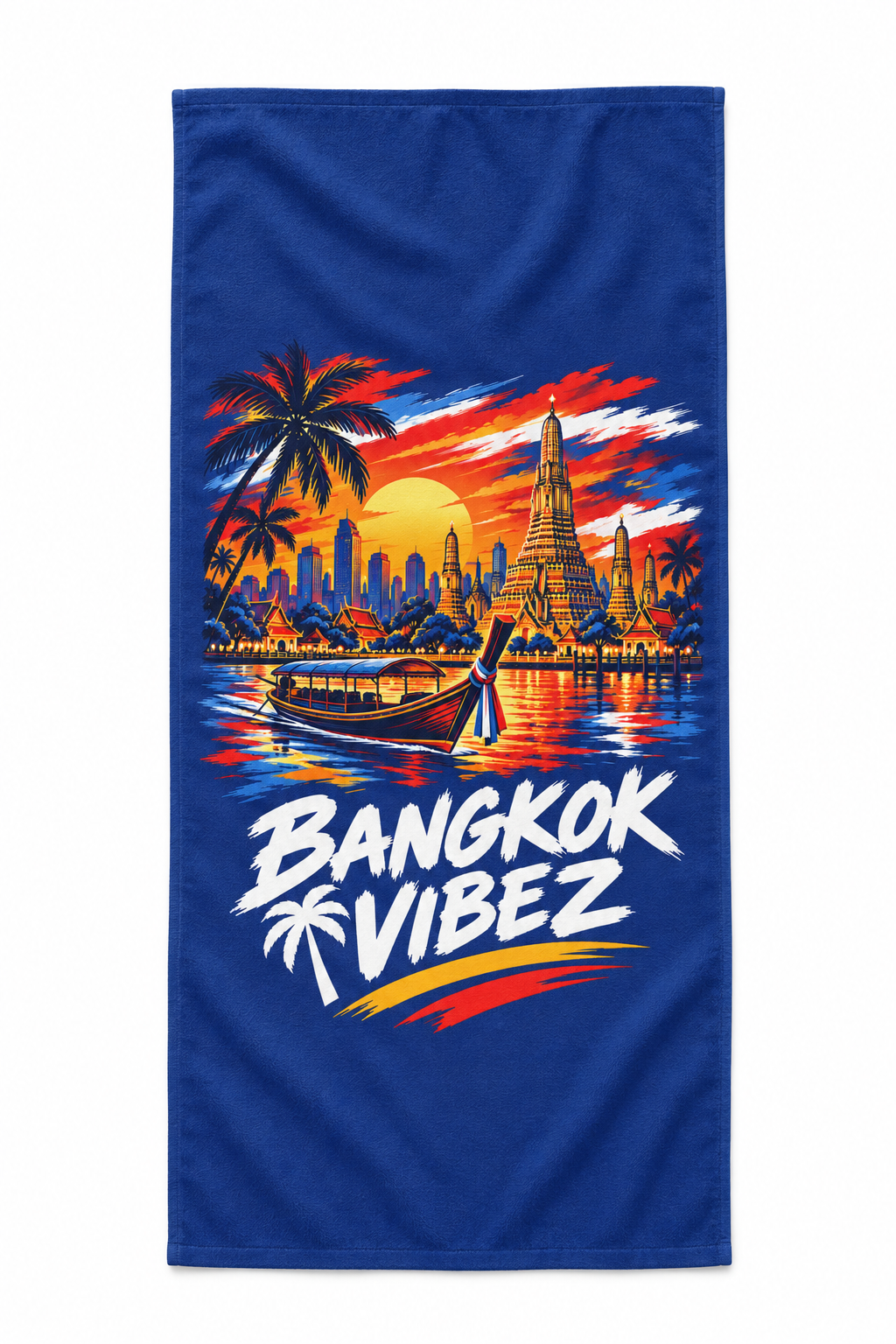 Bangkok Vibez Beach Towel | Thai Skyline Sunset, Longtail Boat, Palm Trees