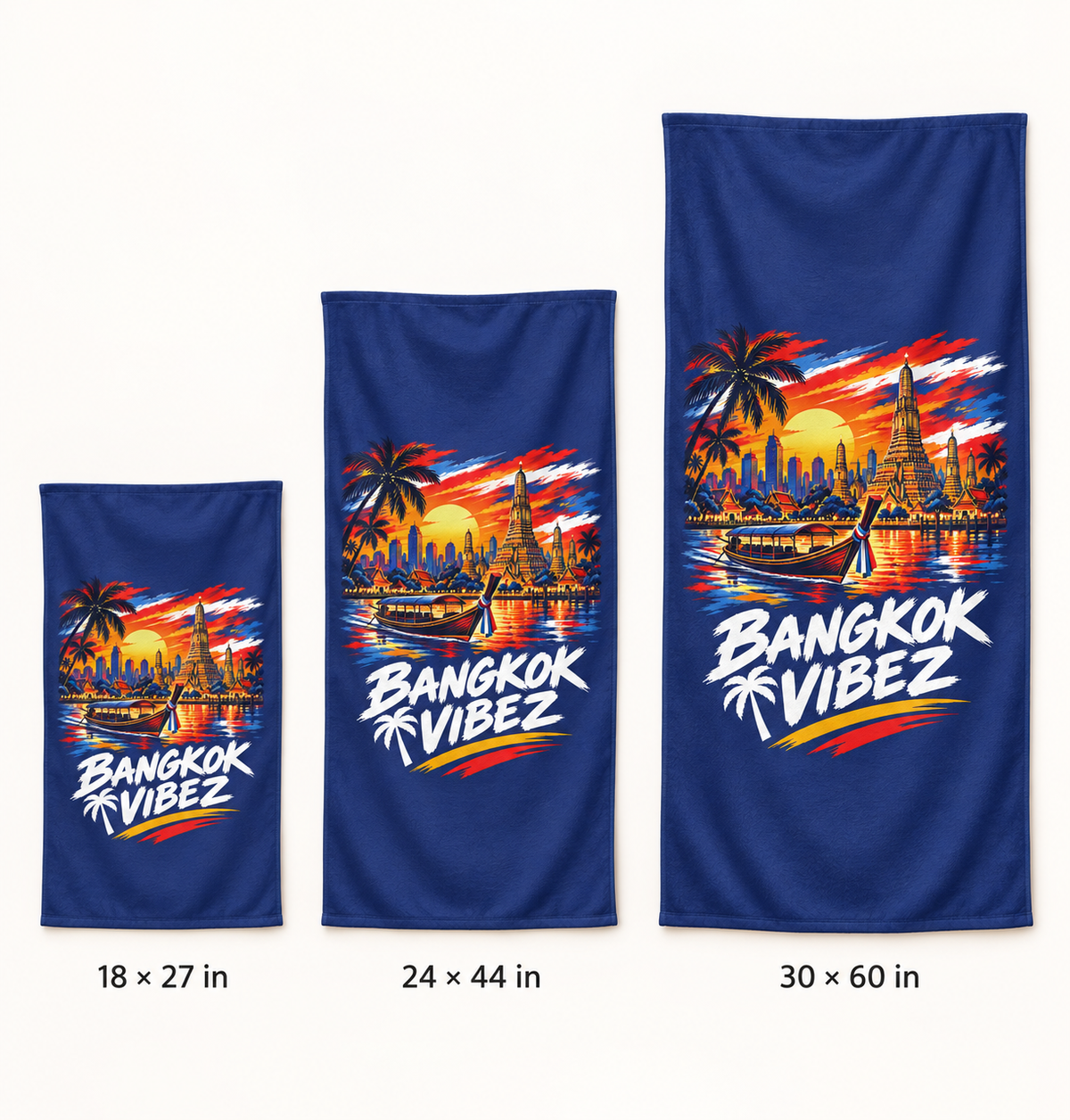 Bangkok Vibez Beach Towel | Thai Skyline Sunset, Longtail Boat, Palm Trees