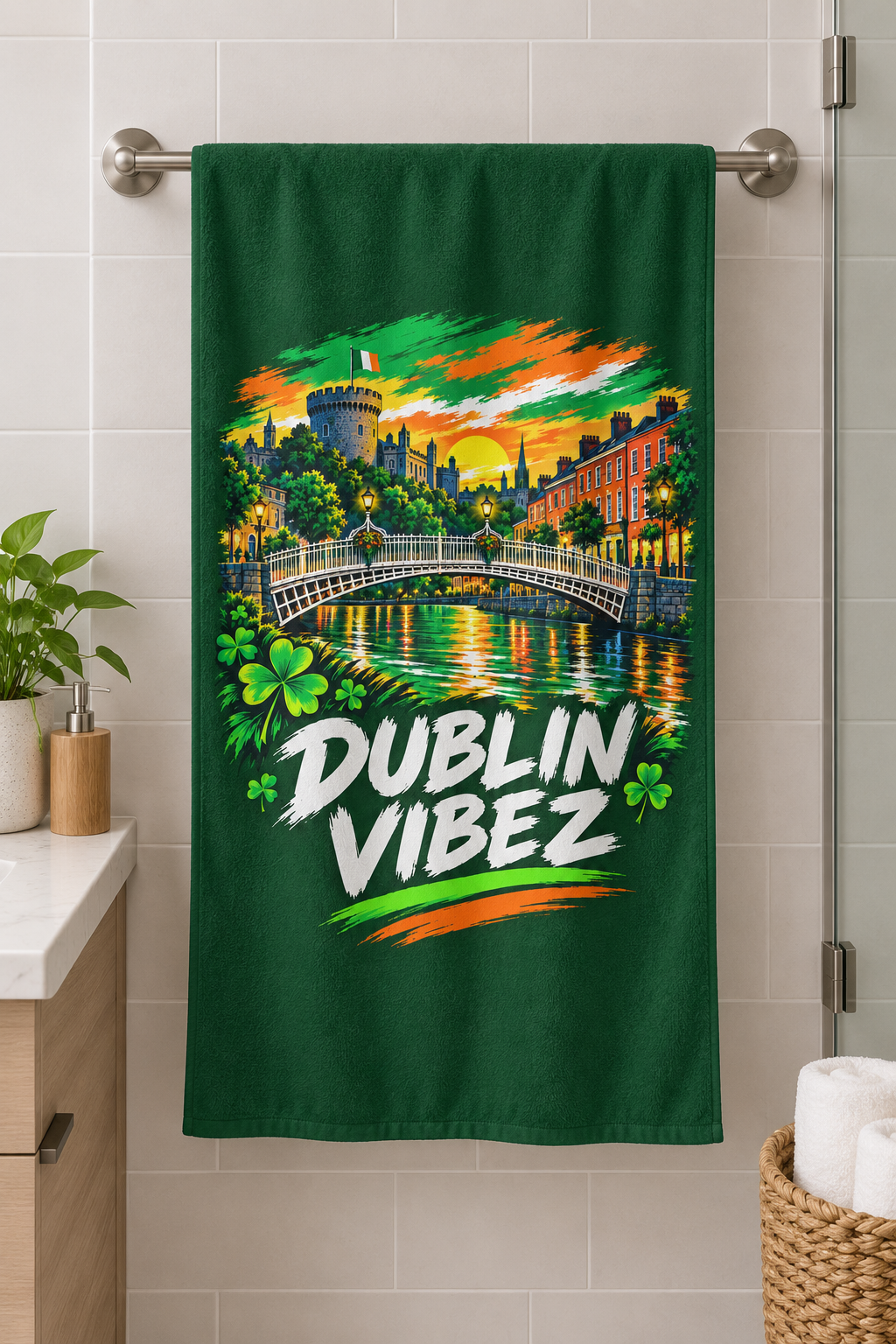 Dublin Vibez Beach Towel | Irish Cityscape, Shamrocks, River Liffey