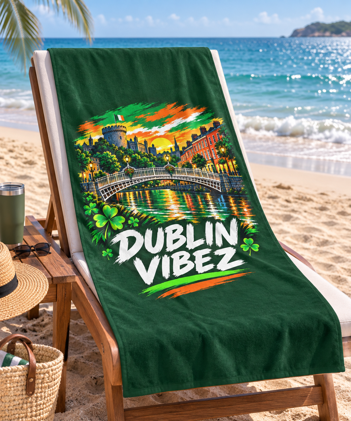 Dublin Vibez Beach Towel | Irish Cityscape, Shamrocks, River Liffey