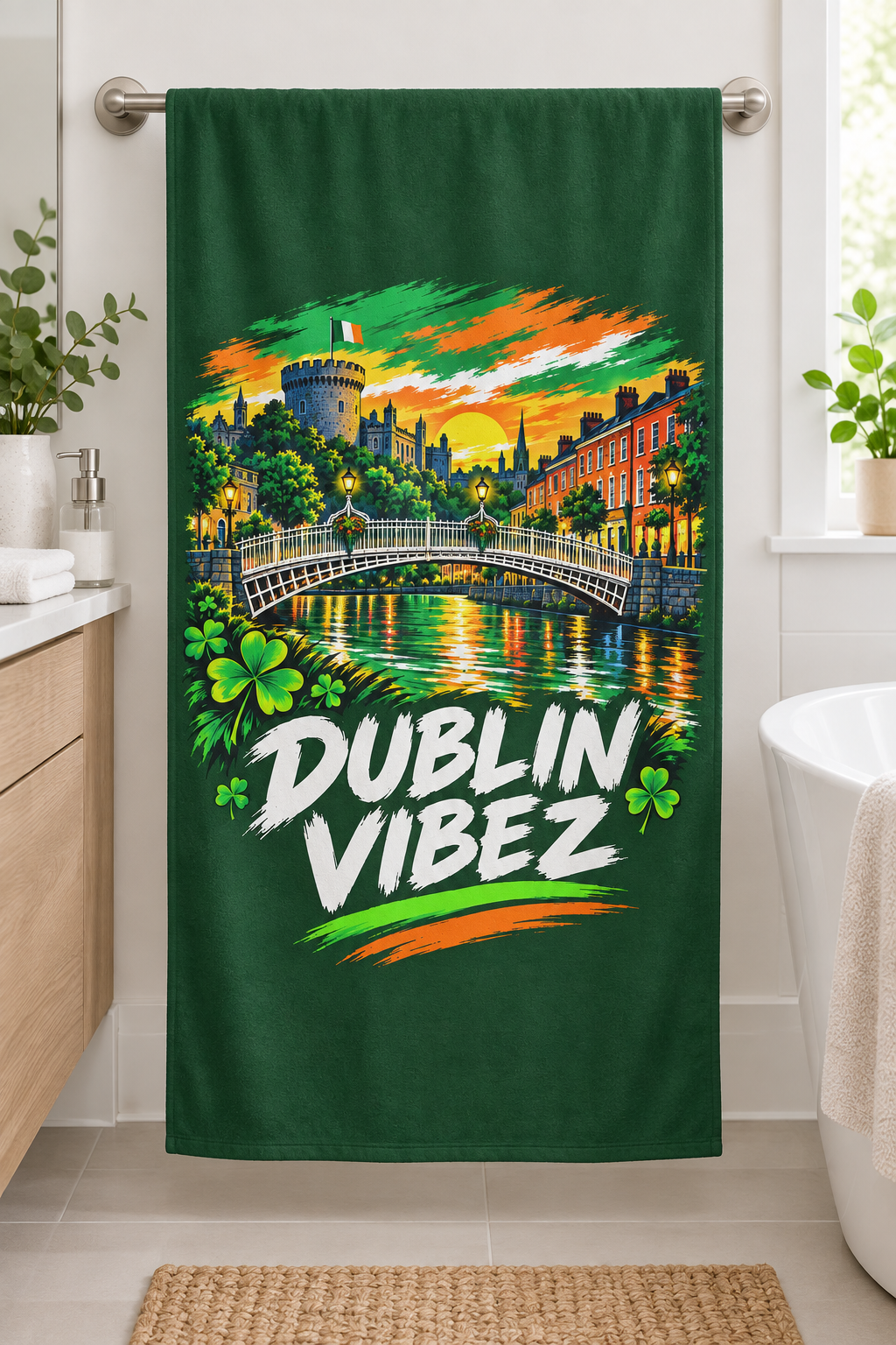 Dublin Vibez Beach Towel | Irish Cityscape, Shamrocks, River Liffey