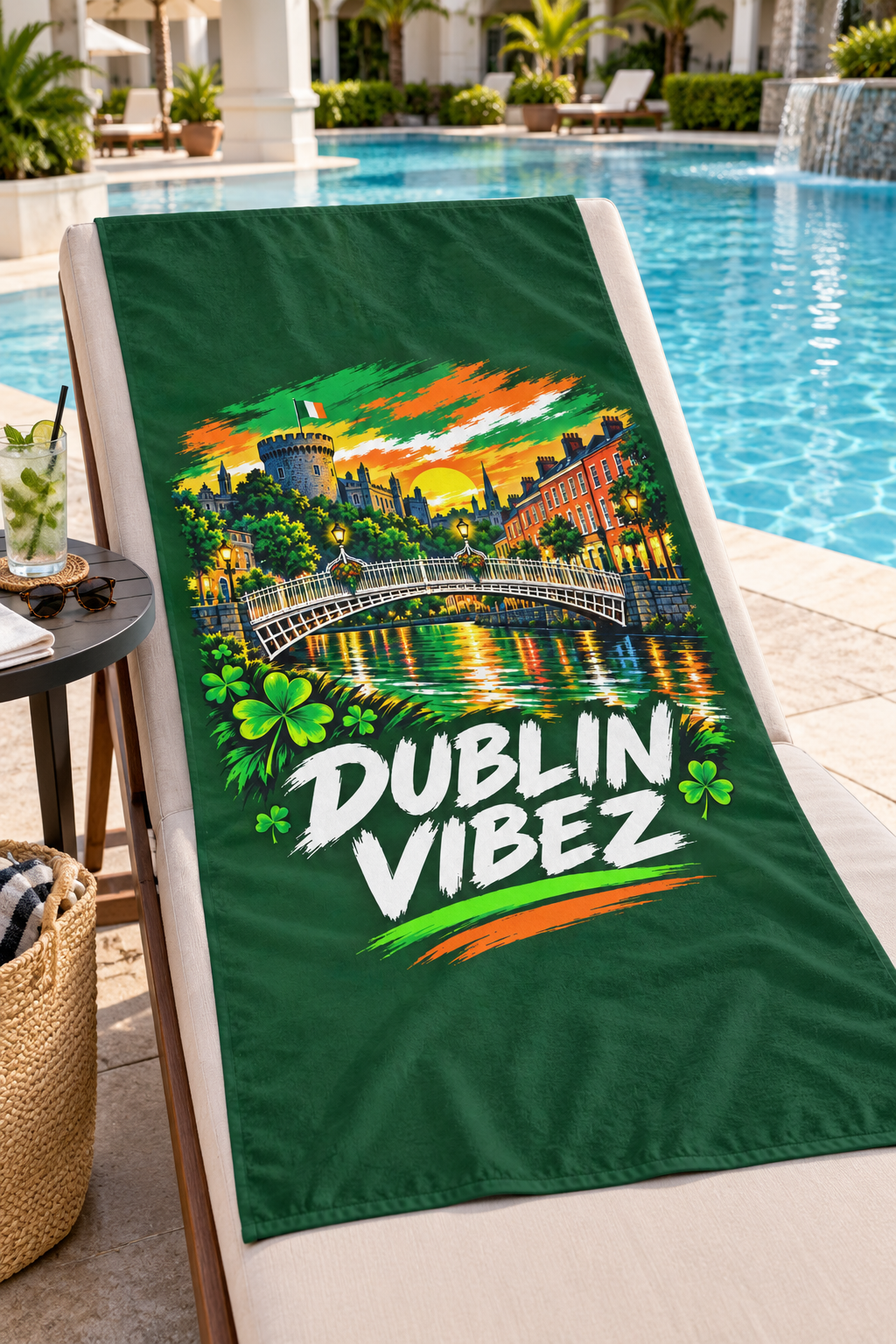 Dublin Vibez Beach Towel | Irish Cityscape, Shamrocks, River Liffey