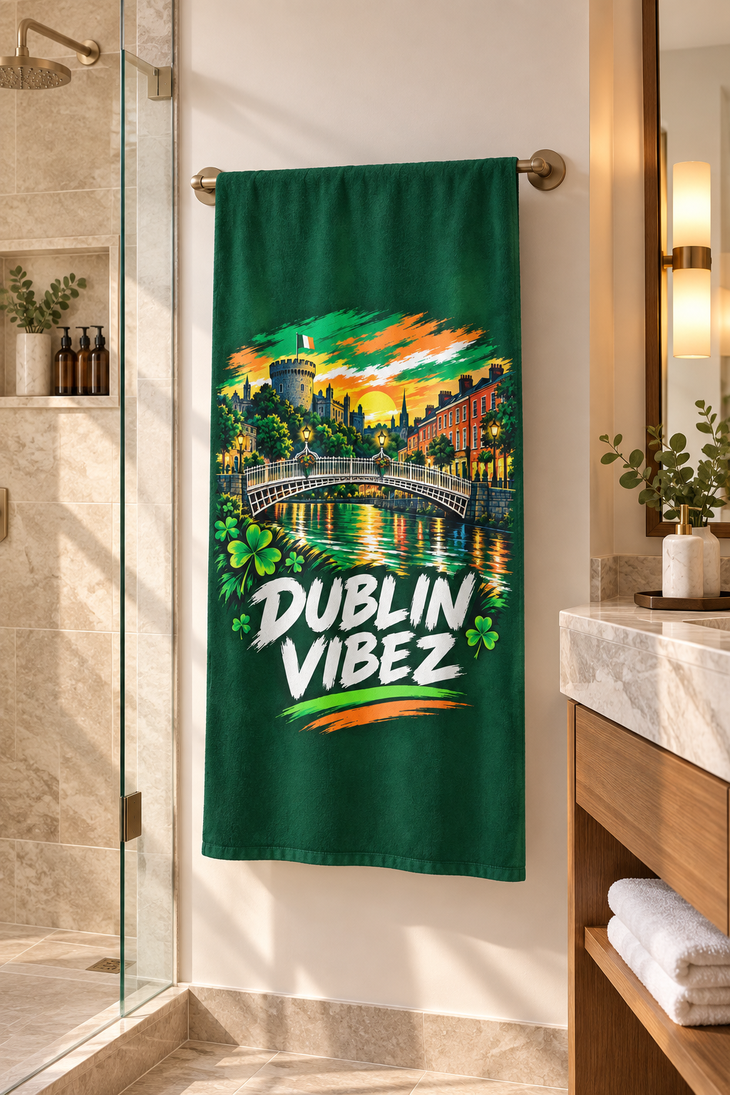 Dublin Vibez Beach Towel | Irish Cityscape, Shamrocks, River Liffey