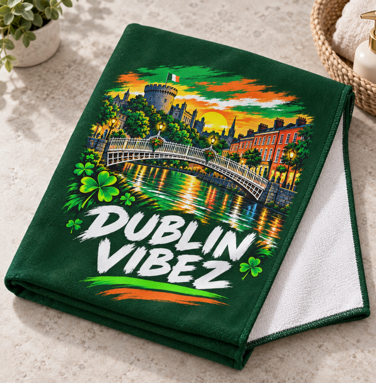Dublin Vibez Beach Towel | Irish Cityscape, Shamrocks, River Liffey