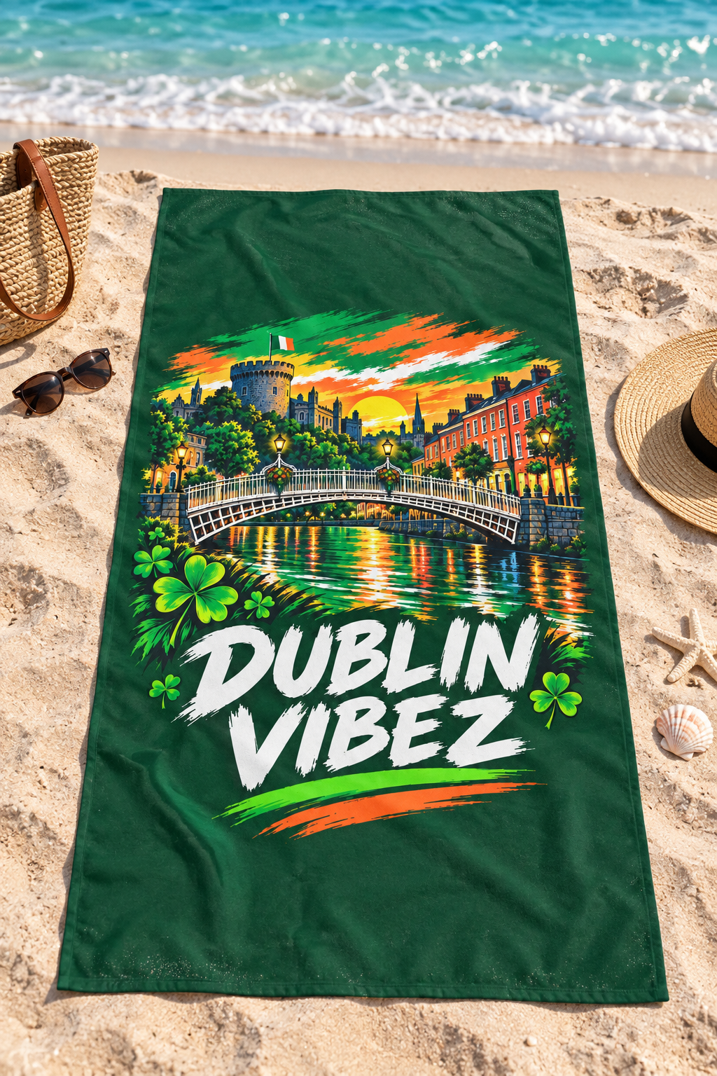 Dublin Vibez Beach Towel | Irish Cityscape, Shamrocks, River Liffey