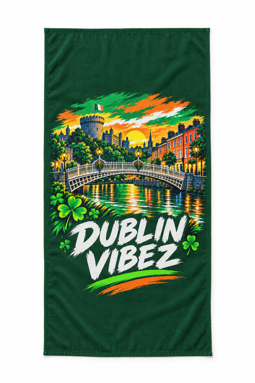 Dublin Vibez Beach Towel | Irish Cityscape, Shamrocks, River Liffey