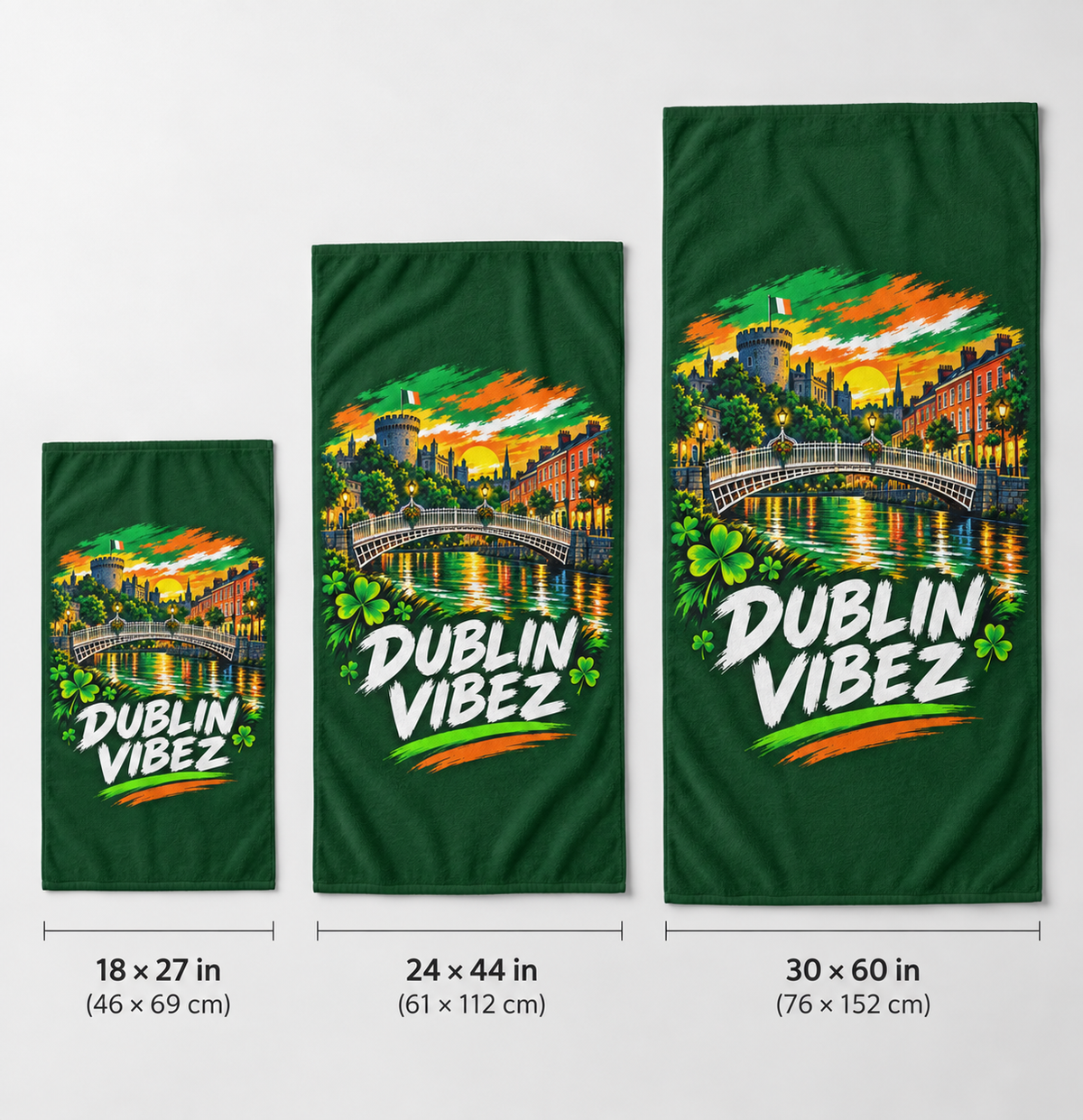 Dublin Vibez Beach Towel | Irish Cityscape, Shamrocks, River Liffey