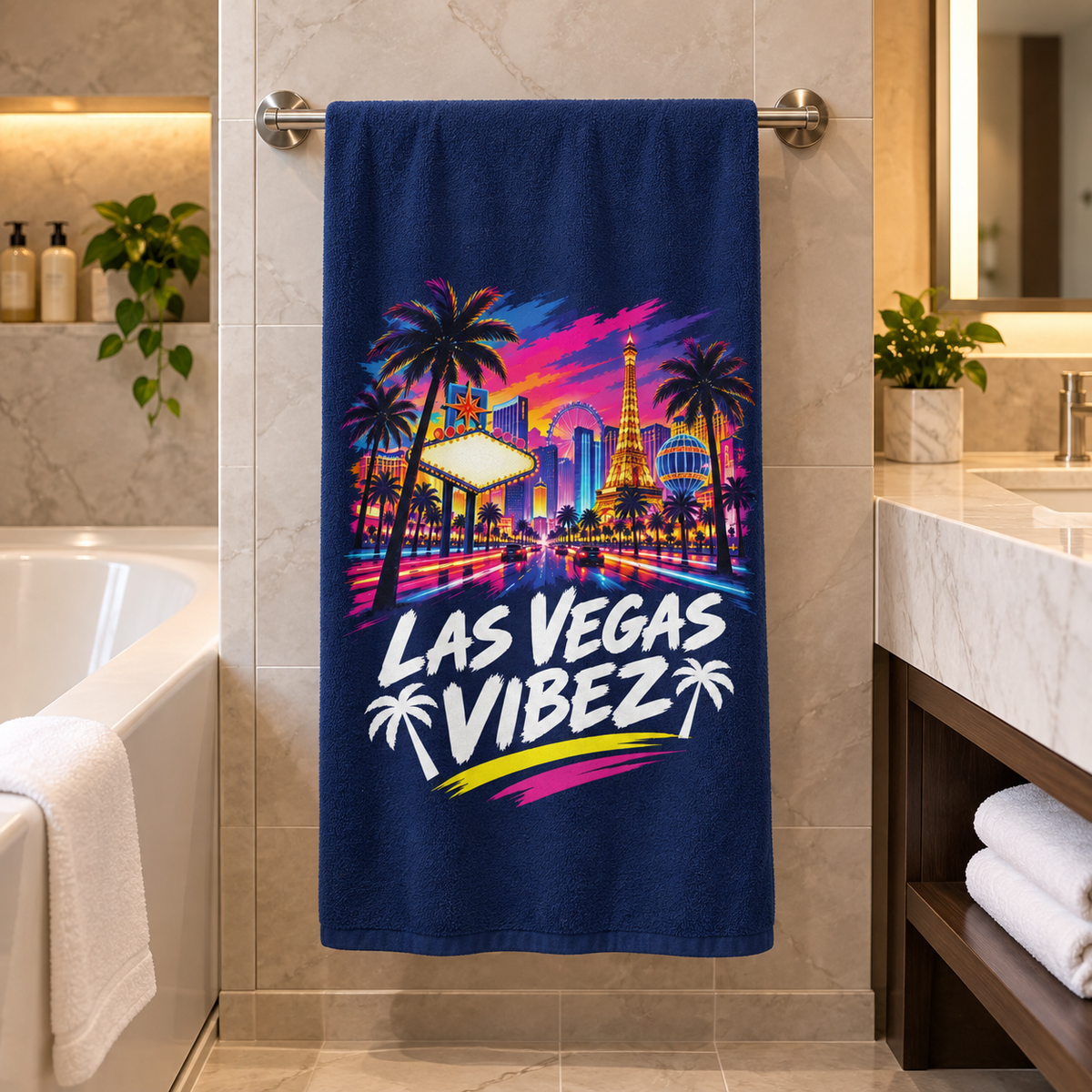 Las Vegas Vibez Beach Towel | Neon Strip Skyline Palm Trees