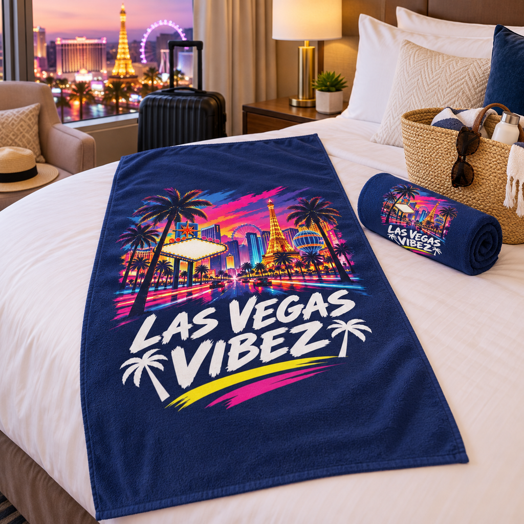 Las Vegas Vibez Beach Towel | Neon Strip Skyline Palm Trees