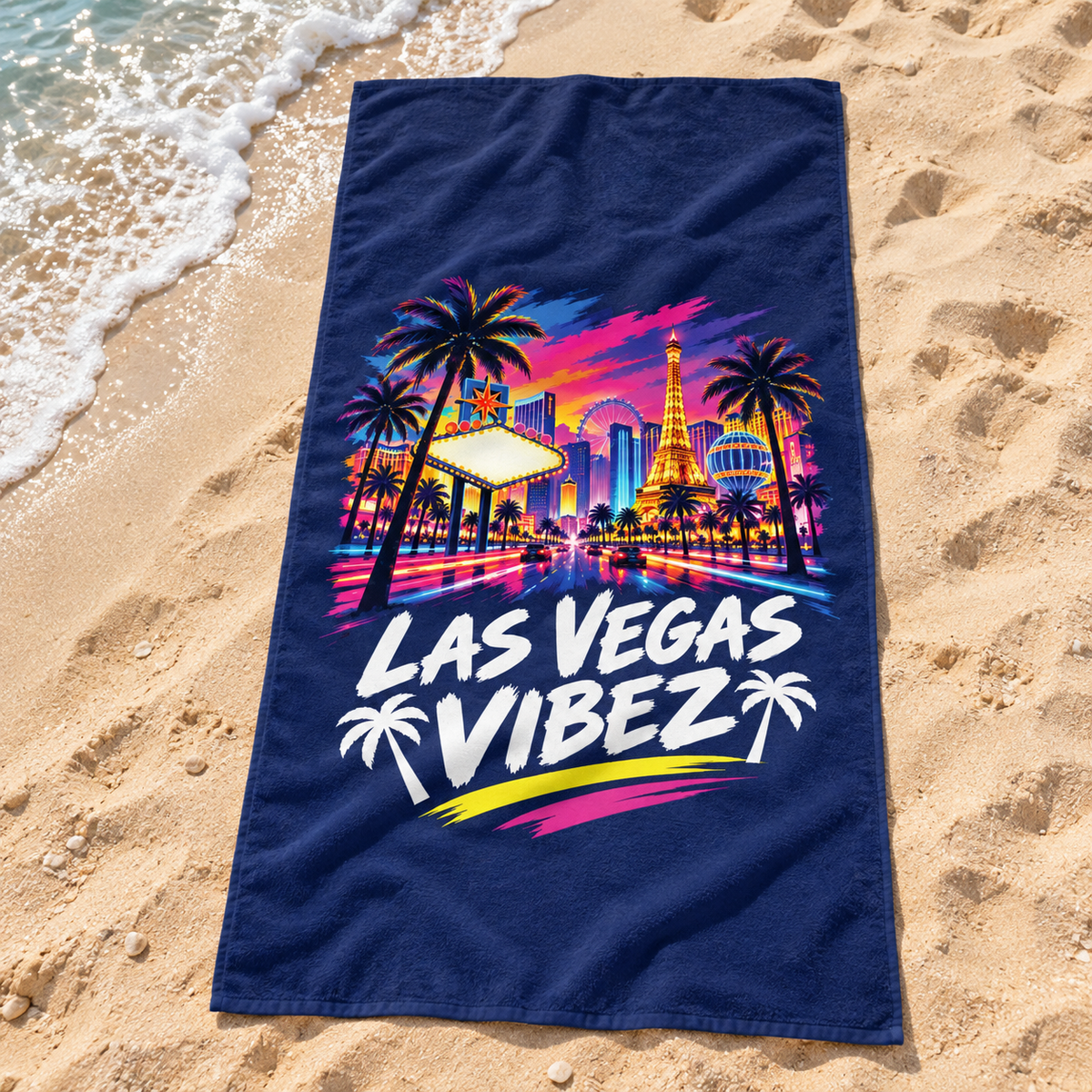 Las Vegas Vibez Beach Towel | Neon Strip Skyline Palm Trees
