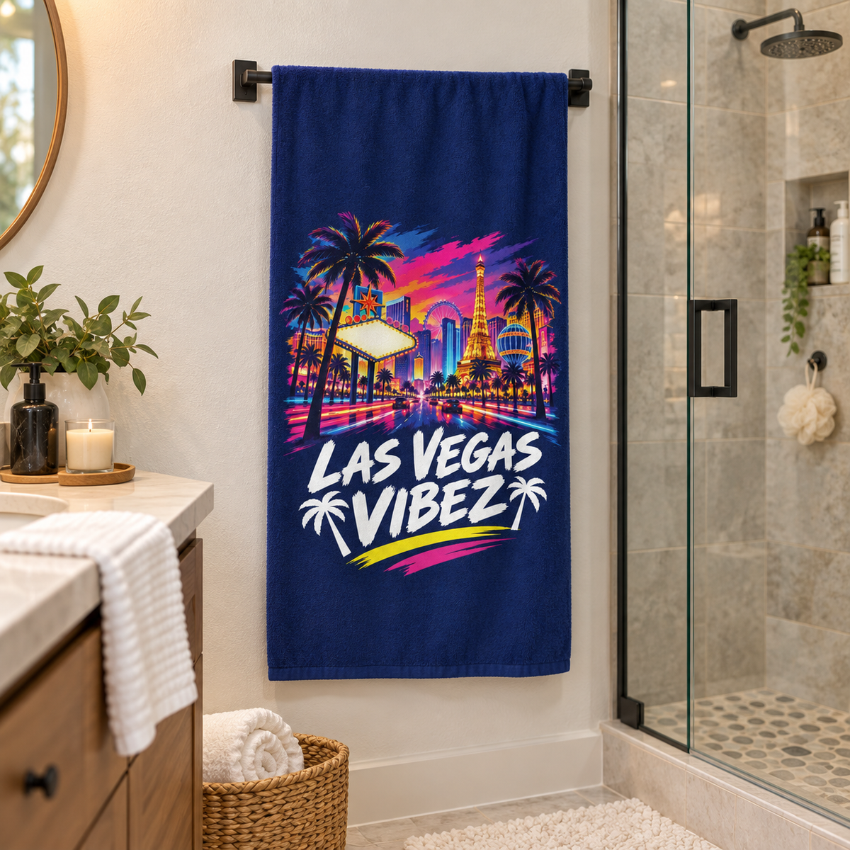 Las Vegas Vibez Beach Towel | Neon Strip Skyline Palm Trees