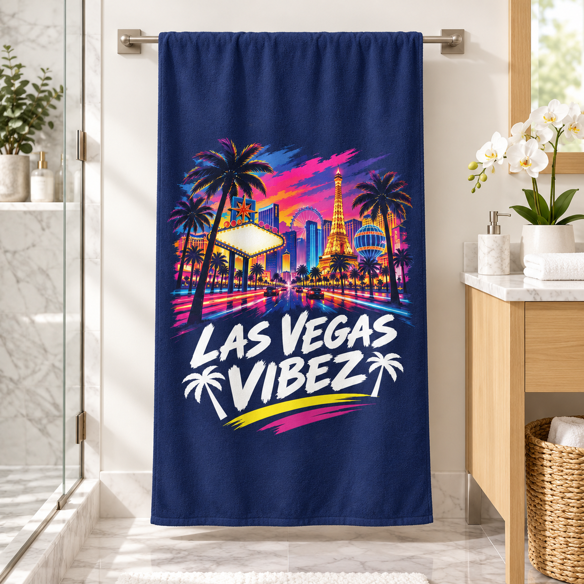 Las Vegas Vibez Beach Towel | Neon Strip Skyline Palm Trees