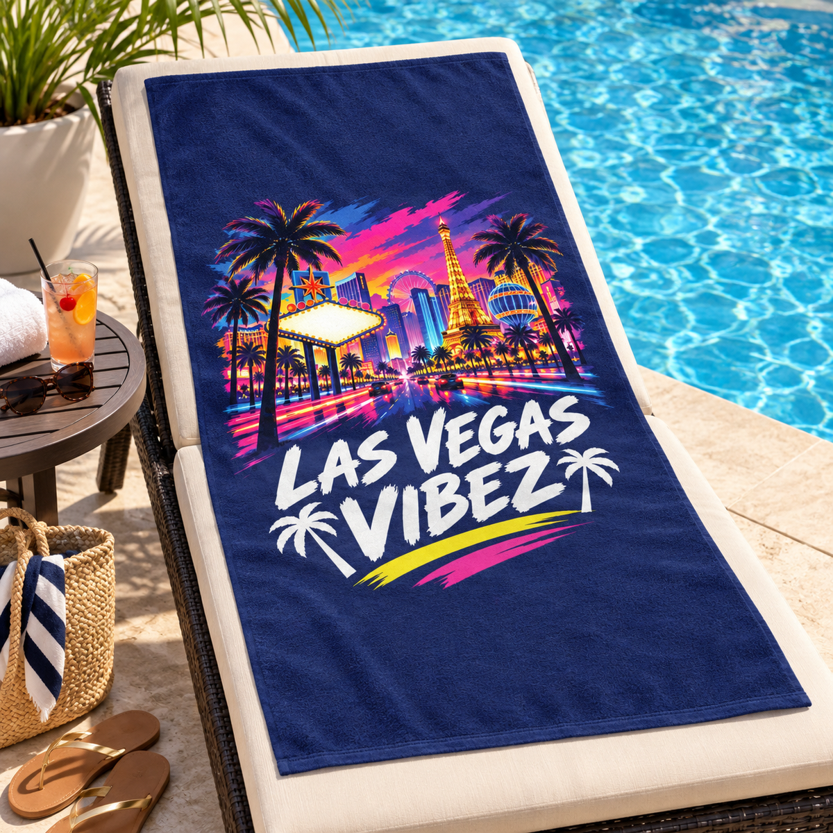 Las Vegas Vibez Beach Towel | Neon Strip Skyline Palm Trees