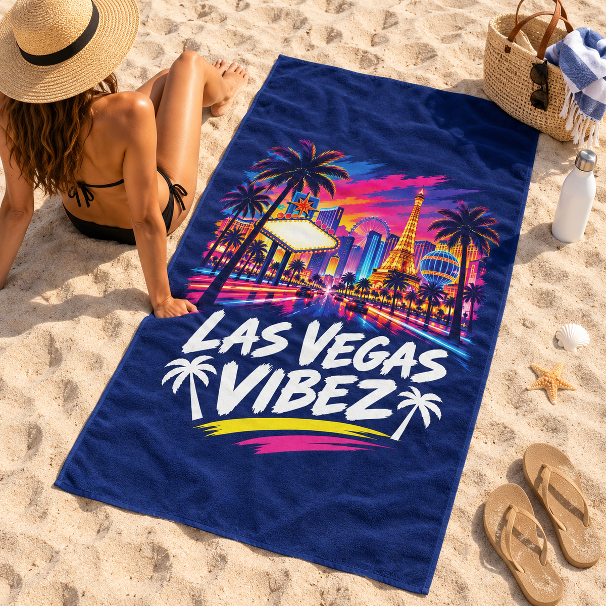 Las Vegas Vibez Beach Towel | Neon Strip Skyline Palm Trees