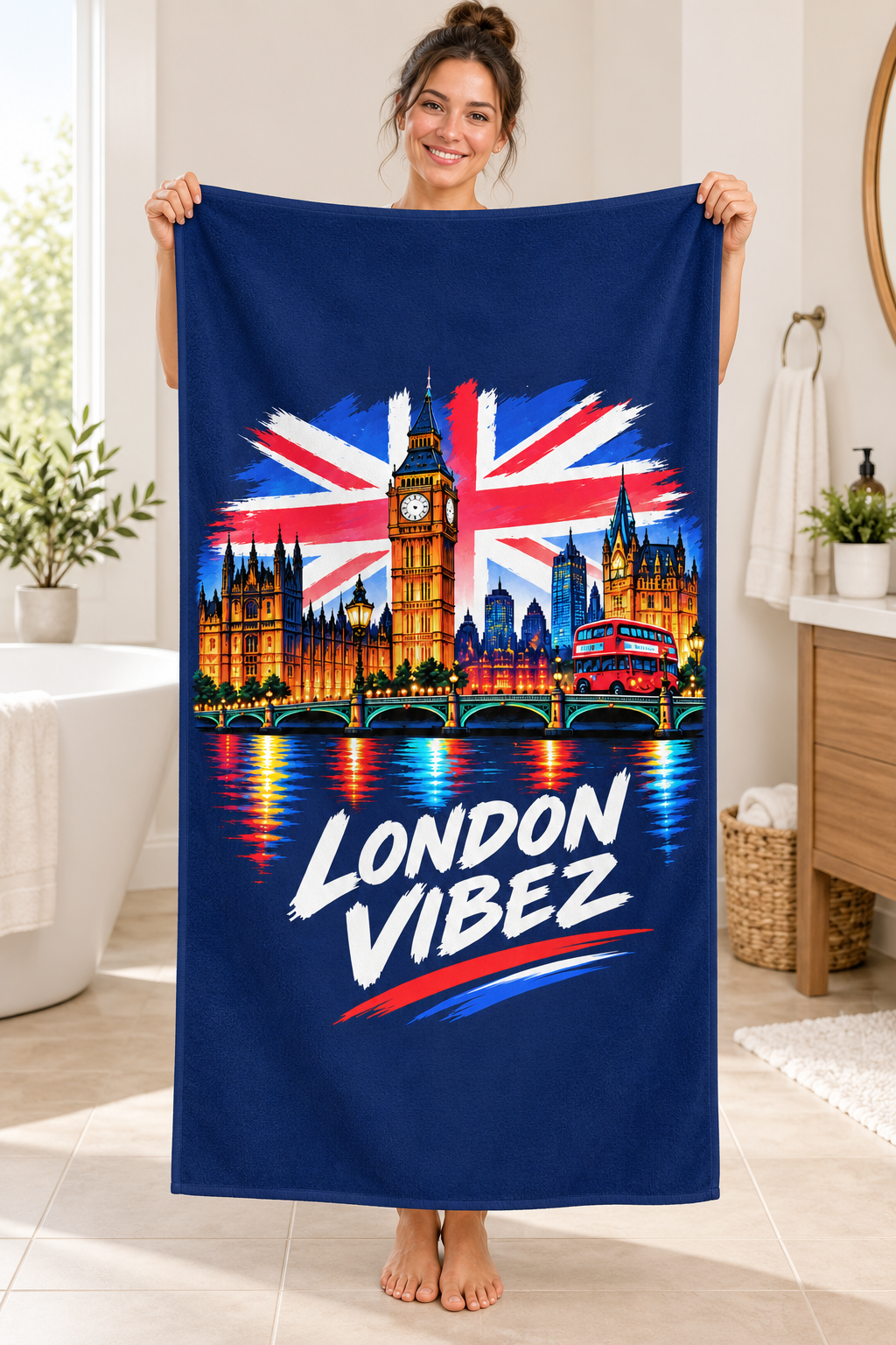 London Vibez Beach Towel | Union Jack Big Ben Skyline