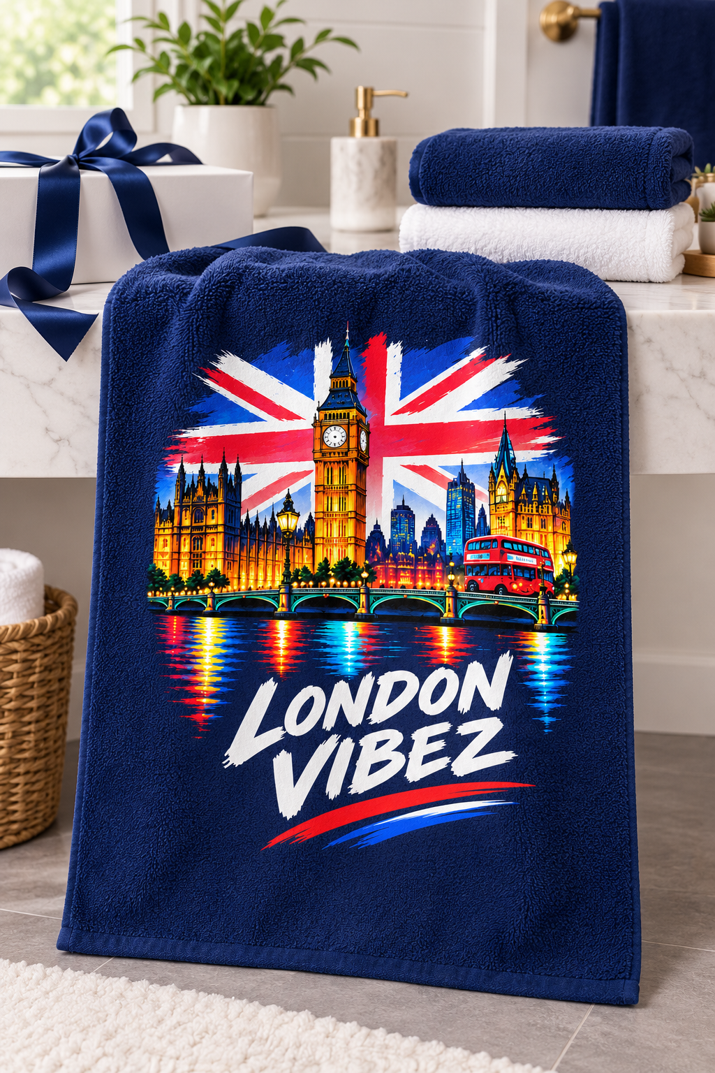 London Vibez Beach Towel | Union Jack Big Ben Skyline