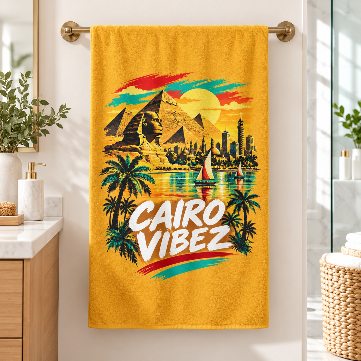 Cairo Vibez Beach Towel | Egyptian Pyramids Sphinx Palm Trees
