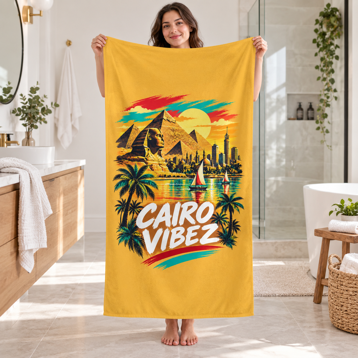 Cairo Vibez Beach Towel | Egyptian Pyramids Sphinx Palm Trees