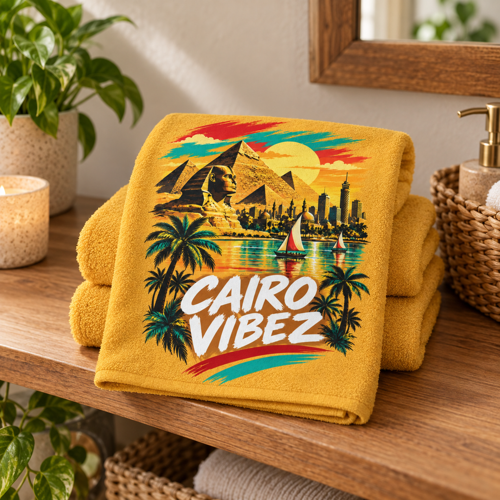 Cairo Vibez Beach Towel | Egyptian Pyramids Sphinx Palm Trees
