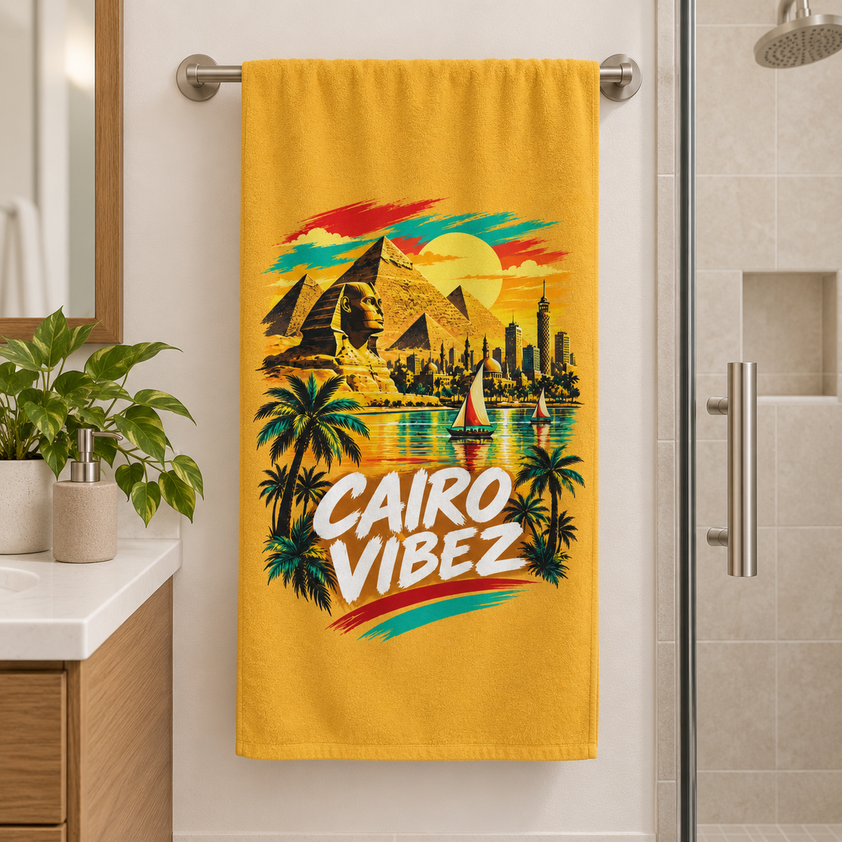 Cairo Vibez Beach Towel | Egyptian Pyramids Sphinx Palm Trees