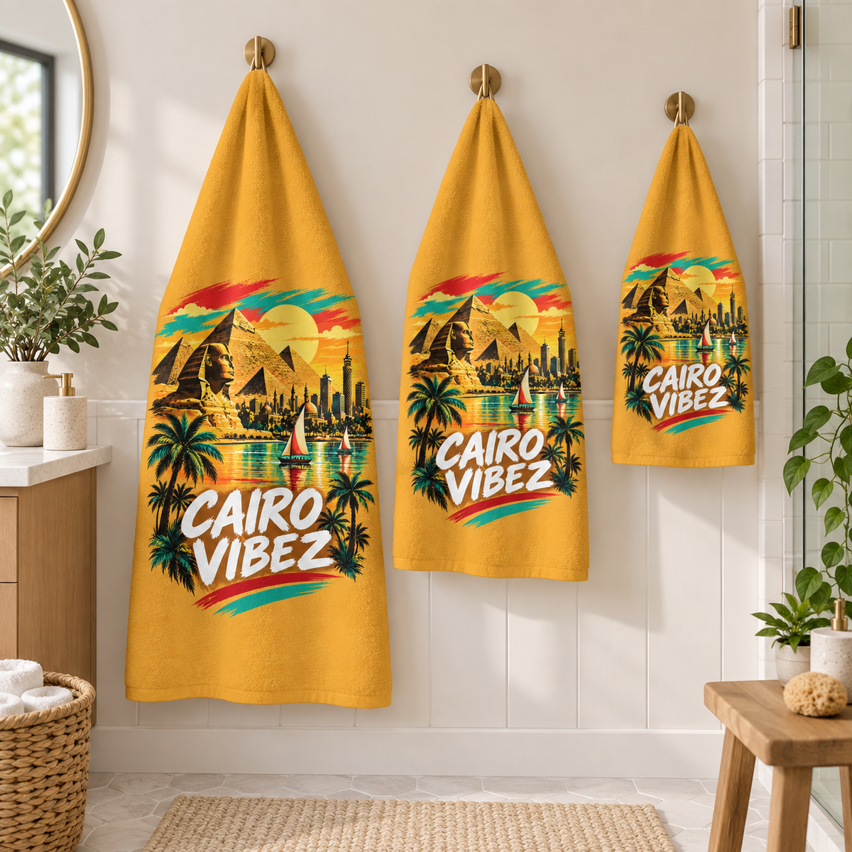 Cairo Vibez Beach Towel | Egyptian Pyramids Sphinx Palm Trees