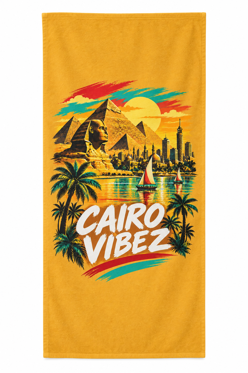 Cairo Vibez Beach Towel | Egyptian Pyramids Sphinx Palm Trees