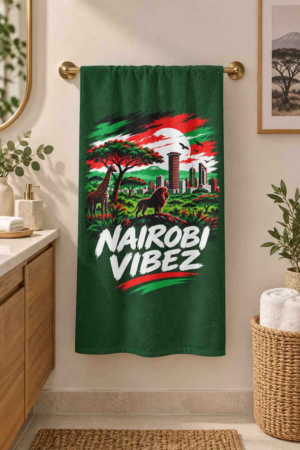 Nairobi Vibez Beach Towel | Kenya Safari Skyline, Giraffe & Lion Design