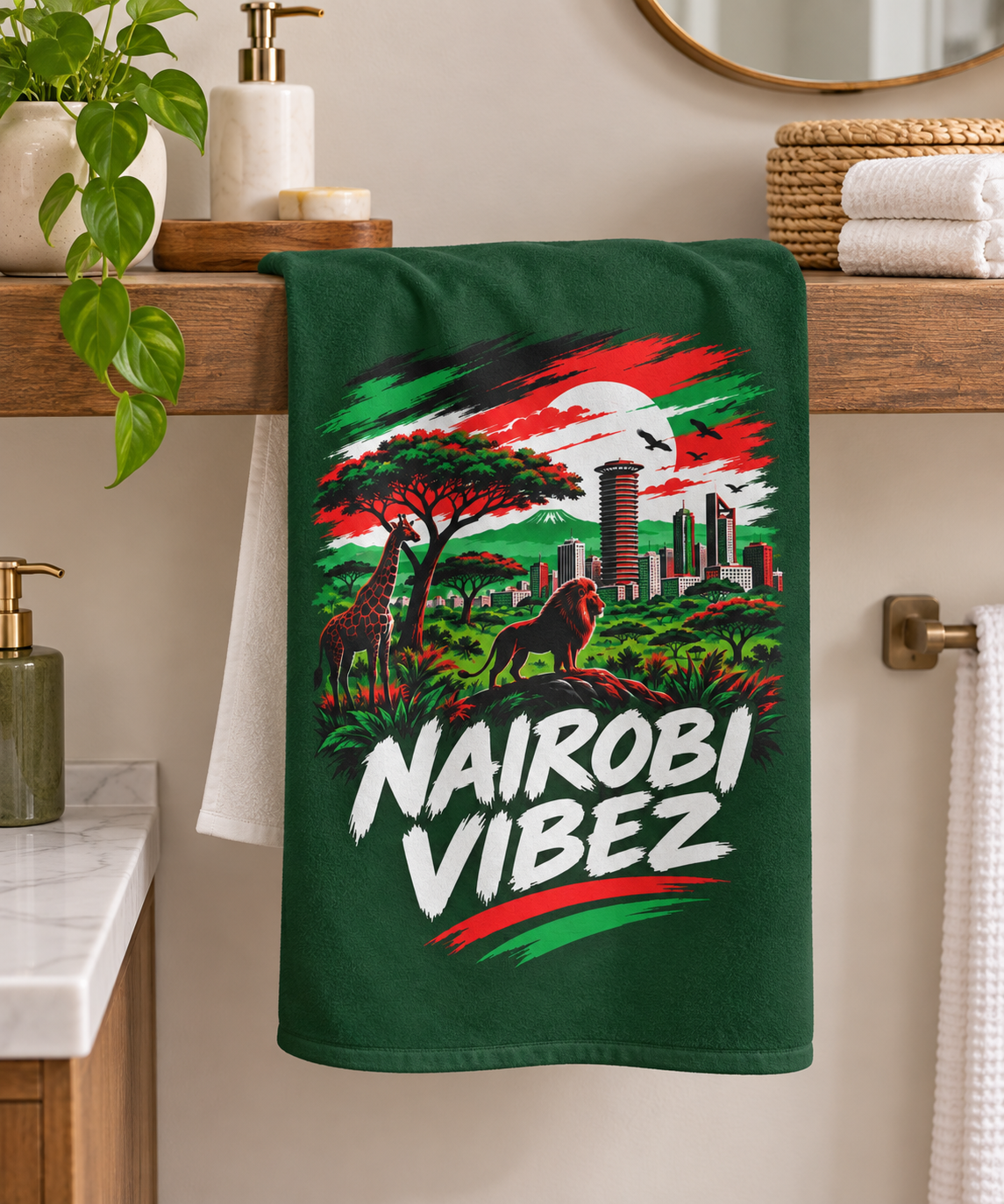 Nairobi Vibez Beach Towel | Kenya Safari Skyline, Giraffe & Lion Design